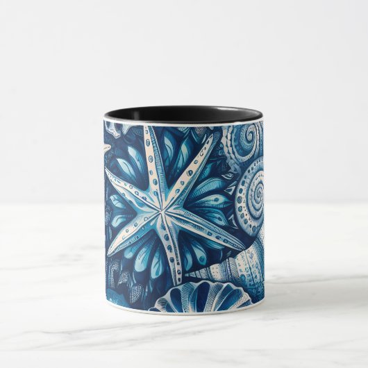 Blue Shells Starfish Sand Dollar Nautical Theme Tasse (Zentrum)