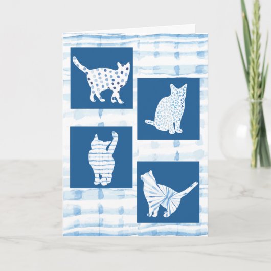 Blue Shibori Cat Silhouetten Leere Gedanken Sie Karte (Vorderseite)