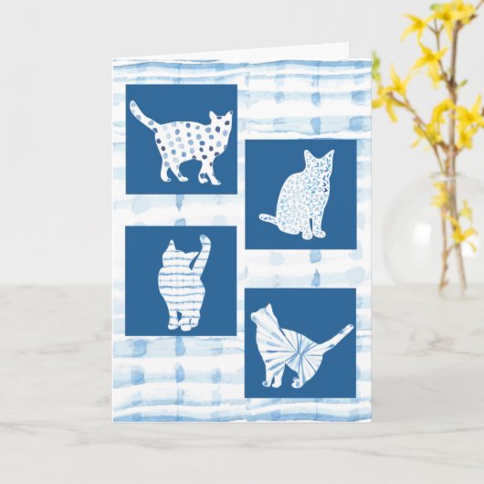 Blue Shibori Cat Silhouetten Leere Gedanken Sie Karte (Gelbe Blume)