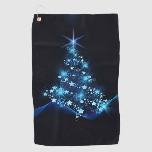 Blue Shine of Stars on Christmas Tree Dark Golfhandtuch