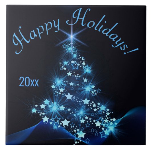 Blue Shine of Stars on Christmas Tree Dark Year Fliese (Vorderseite)