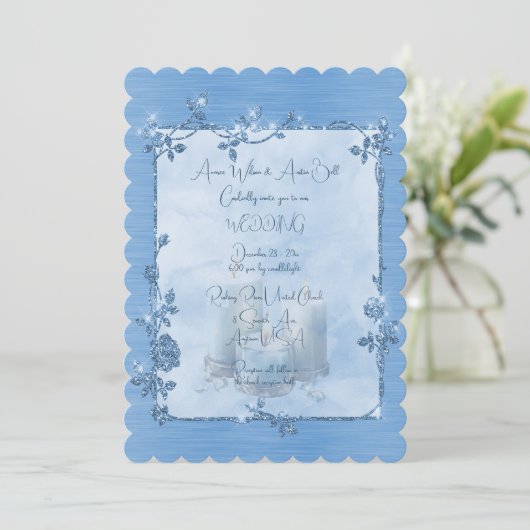 Blue Shiny Elegant Sparkly Frame Wedding Einladung (Stehend Vorderseite)