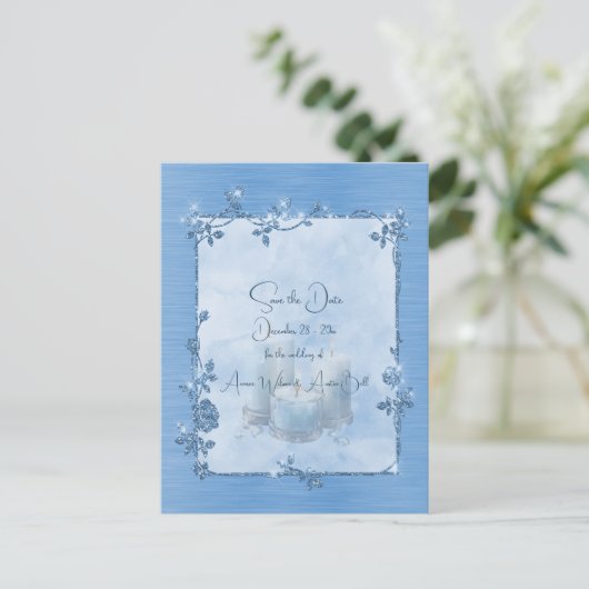 Blue Shiny Elegant Sparkly Save the Date Postkarte (Stehend Vorderseite)