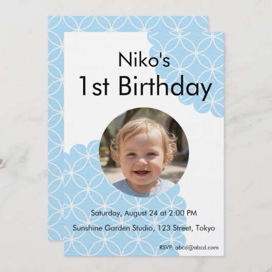 Blue Shippo 1st Birthday Photo Invitation 招待状 Einladung (Vorne/Hinten)