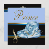 Blue Shoes Black Gold Crown Prince Baby Dusche Einladung (Vorne/Hinten)