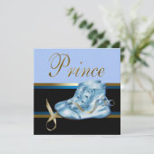 Blue Shoes Black Gold Crown Prince Baby Dusche Einladung (Stehend Vorderseite)