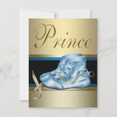 Blue Shoes Black Gold Crown Prince Baby Dusche Einladung (Vorderseite)