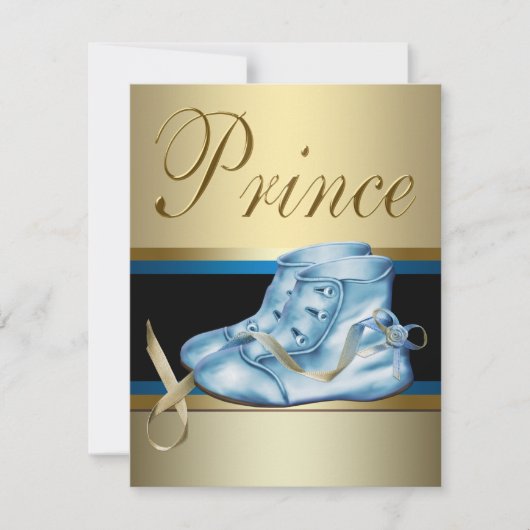 Blue Shoes Black Gold Crown Prince Baby Dusche Einladung (Vorderseite)
