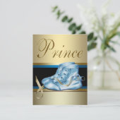 Blue Shoes Black Gold Crown Prince Baby Dusche Einladung (Stehend Vorderseite)