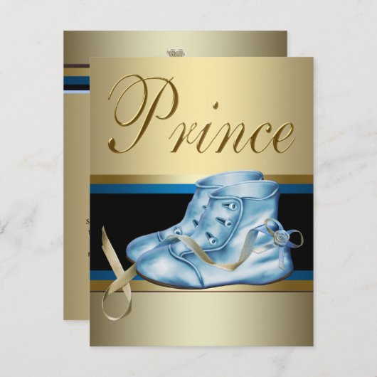 Blue Shoes Black Gold Crown Prince Baby Dusche Einladung (Vorne/Hinten)