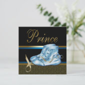 Blue Shoes Black Gold Prince Baby Dusche Einladung (Stehend Vorderseite)