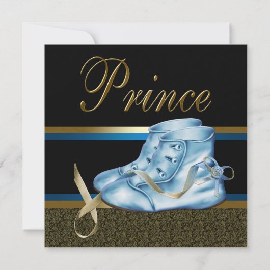 Blue Shoes Black Gold Prince Baby Dusche Einladung (Vorderseite)