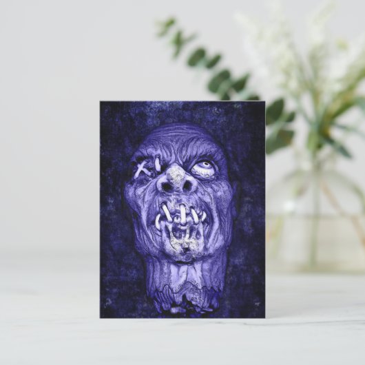 Blue Shrunken Head Zombie Postkarte (Stehend Vorderseite)