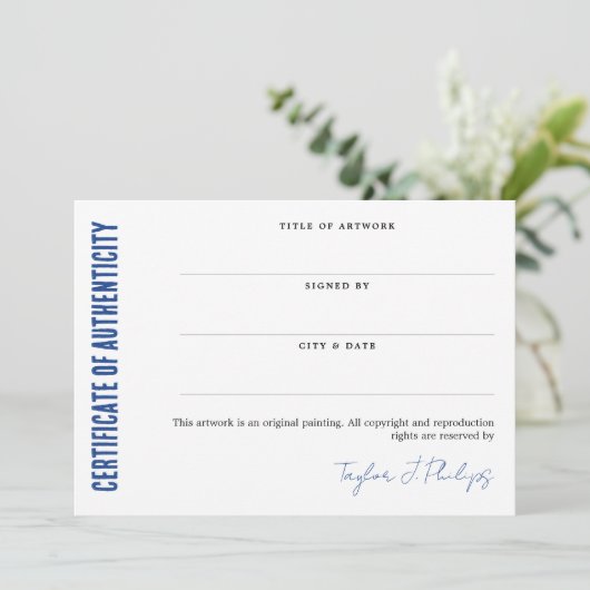 Blue Signature Script Certificate of Authenticity (Stehend Vorderseite)