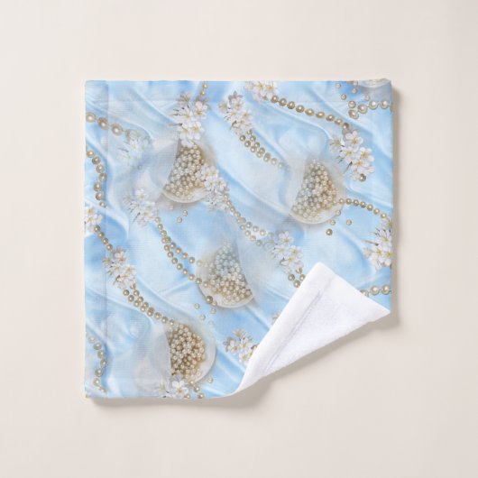Blue Silk & Ivory Champaign Pearls Badhandtuch Set (Waschlappen)