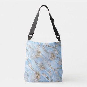 Blue Silk & Ivory Champaign Pearls Tragetaschen Mit Langen Trägern