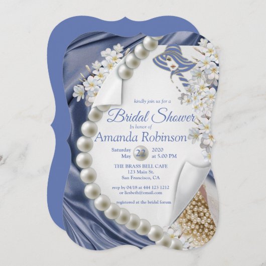 Blue Silk & Ivory Pearls Brautparty Einladung (Vorne/Hinten)