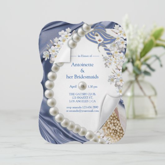 Blue Silk & Ivory Pearls Brautparty Einladung (Stehend Vorderseite)