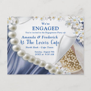 Blue Silk & Ivory Pearls Verlobung Einladungspostkarte
