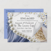 Blue Silk & Ivory Pearls Verlobung Einladungspostkarte (Vorne/Hinten)