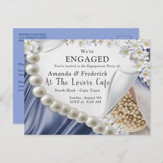 Blue Silk & Ivory Pearls Verlobung Einladungspostkarte (Vorne/Hinten)