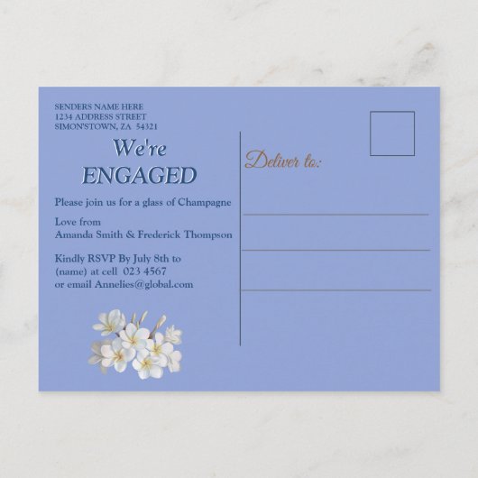 Blue Silk & Ivory Pearls Verlobung Einladungspostkarte (Rückseite)