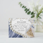 Blue Silk & Ivory Pearls Verlobung Einladungspostkarte (Stehend Vorderseite)