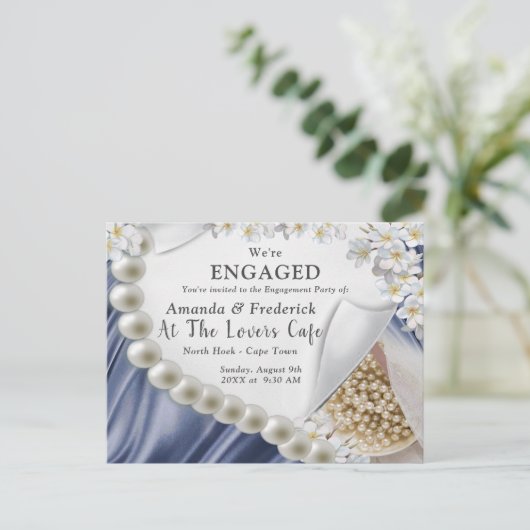 Blue Silk & Ivory Pearls Verlobung Einladungspostkarte (Stehend Vorderseite)