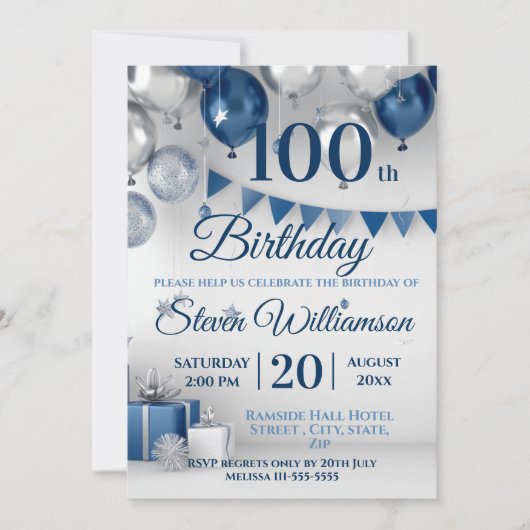 Blue Silver 100. Geburtstag Einladung (Vorderseite)