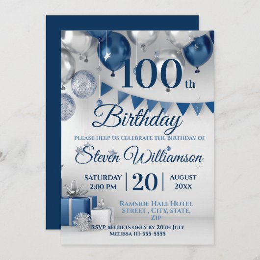 Blue Silver 100. Geburtstag Einladung (Vorne/Hinten)