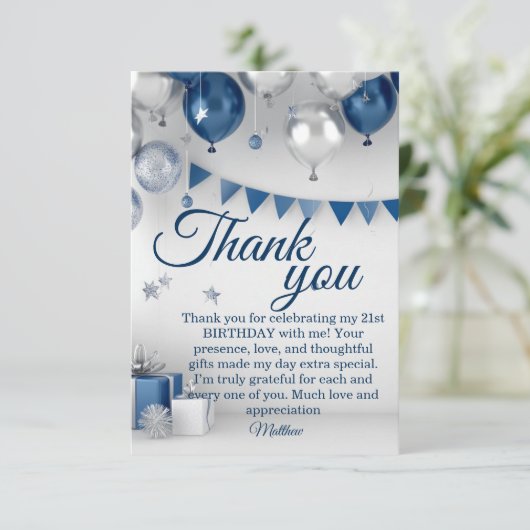 Blue Silver 21. Geburtstag Dankeskarte (Stehend Vorderseite)
