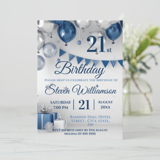 Blue Silver 21. Geburtstag Einladung (Stehend Vorderseite)