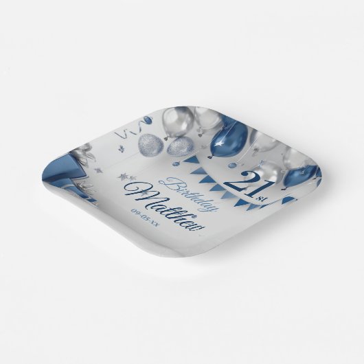 Blue Silver 21. Geburtstag Pappteller (Gewinkelt)