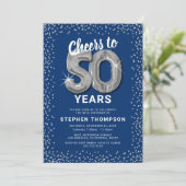 Blue Silver 50. Geburtstag Einladung (Stehend Vorderseite)