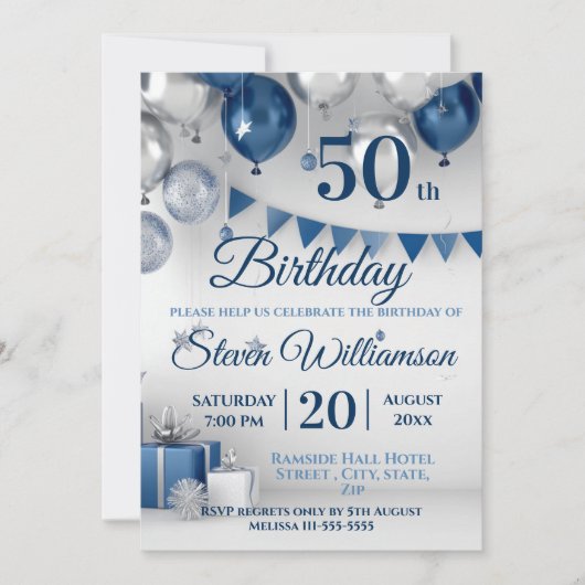Blue Silver 50. Geburtstag Einladung (Vorderseite)