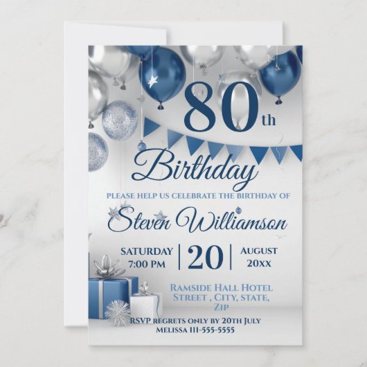 Blue Silver 80. Geburtstag Einladung (Vorderseite)