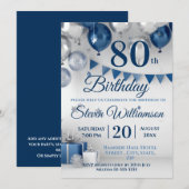 Blue Silver 80. Geburtstag Einladung (Vorne/Hinten)