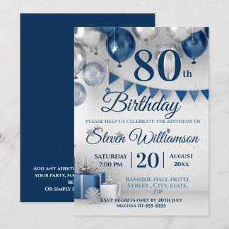Blue Silver 80. Geburtstag Einladung