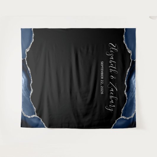 Blue Silver Agate Frame Dark Wedding Foto Booth Wandteppich (Vorderseite (Horizontal))