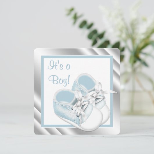 Blue Silver Baby Boy Dusche Einladung (Stehend Vorderseite)