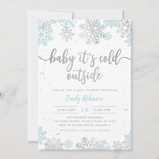 Blue Silver Baby It's Cold Outside Boy Baby Shower Einladung (Vorderseite)