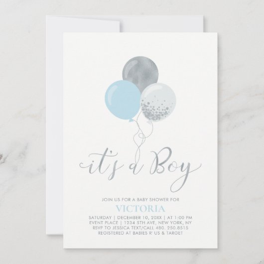 Blue & Silver Balloons | Es ist eine Baby-Dusche Einladung (Vorderseite)
