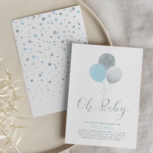 Blue & Silver Balloons | Oh Baby Boy Baby Dusche Einladung