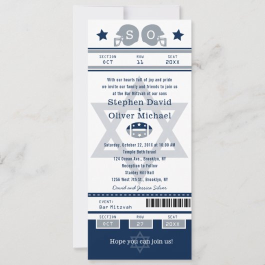 Blue Silver Bar Mitzvah für Twins Football Ticket Einladung (Vorderseite)