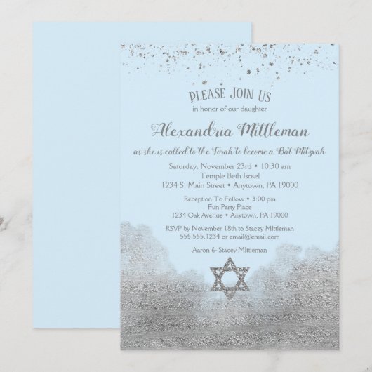 Blue Silver Bat Mitzvah Einladung (Vorne/Hinten)