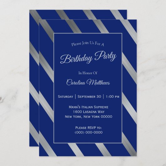 Blue Silver Birthday Einladung (Vorne/Hinten)