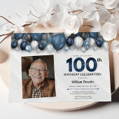 Blue Silver Black & White 100. Geburtstag Foto Einladung
