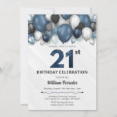 Blue Silver Black & White 21. Geburtstag Einladung (Vorderseite)