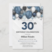 Blue Silver Black & White 30. Geburtstag Einladung (Vorderseite)