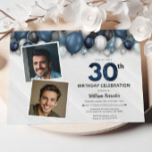 Blue Silver Black & White 30. Geburtstag Foto Einladung